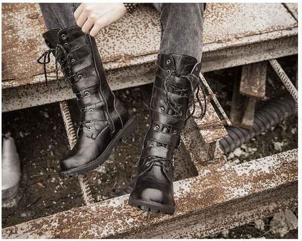 Men s Leather Motorcycle Mid Calf Military Combat Boots Skulls Expo Explore Unique Skull Range